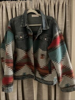 Denim-Top Southwestern Pattern Jacket - Teal, Red, Gray